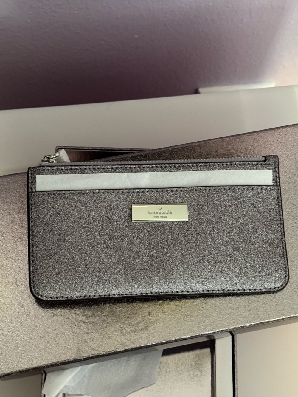 kate spade Silver Glitter Large  Zip  Card Holder